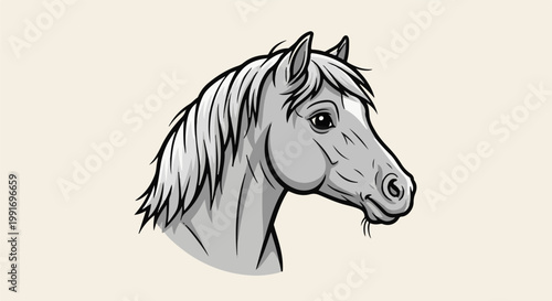 Stylized gray horse head with flowing mane and expressive eye