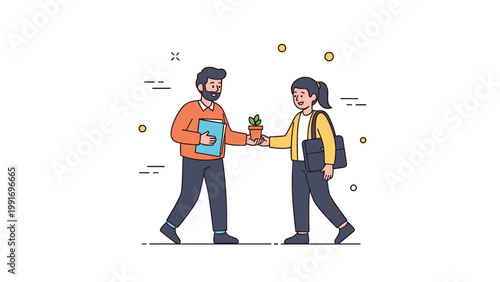 Cartoon illustration of two adults exchanging a plant with smiles
