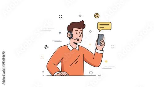 Young caucasian male customer support agent using smartphone with headset