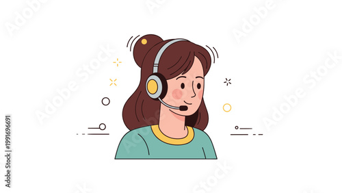 Young caucasian female customer service representative with headset cartoon