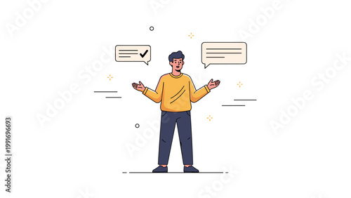 Young caucasian male cartoon character with speech bubbles on white background