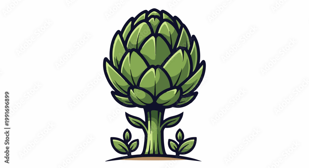 Obraz premium Stylized green artichoke plant with leaves and earthy base