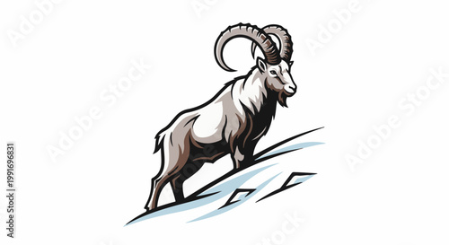 Stylized illustration of a powerful mountain goat with large curved horns on a snowy slope