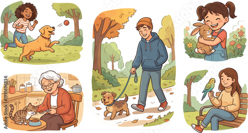People Playing Walking Feeding Pets Illustration Set Featuring Dog Cat Rabbit Bird Animal Care Lifestyle Editable Vector Cartoon Collection
