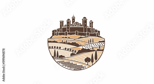 Stylized illustration of a fortified town atop rolling vineyards and hills