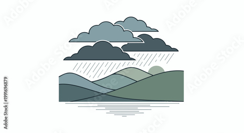 Stylized illustration of a rainy landscape with layered hills and a sun behind clouds