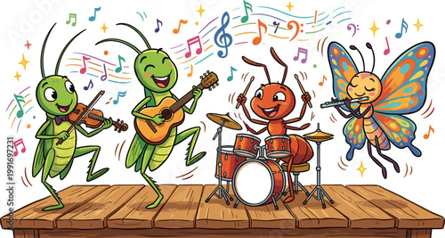 Insects Music Band Cartoon Illustration Set Featuring Grasshopper Violin Cricket Guitar Ant Drums Butterfly Flute Performance Editable Vector Collection