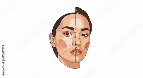 Stylized illustration of a woman's face divided, showing skin imperfections