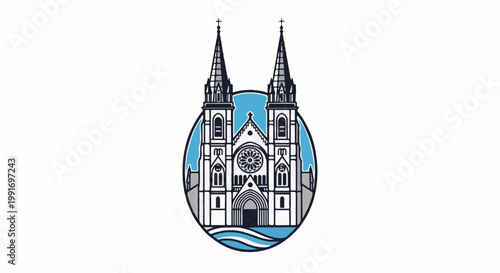 Stylized illustration of a gothic cathedral with twin spires and oval background