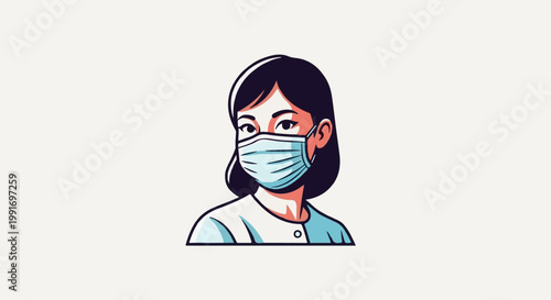 Stylized illustration of a young woman wearing a light blue surgical mask