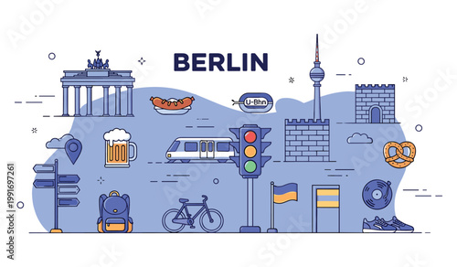 Berlin icons: brandenburg gate, tv tower, u-bahn, beer mug, pretzel, traffic light