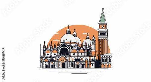 Stylized illustration of a grand cathedral with multiple domes and a tall bell tower