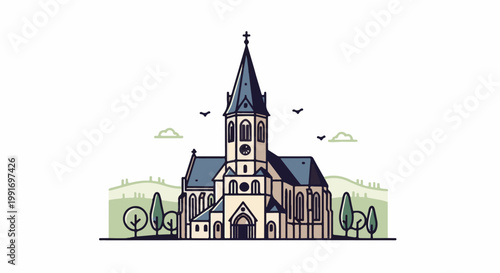 Stylized illustration of a grand church with a tall spire and surrounding landscape