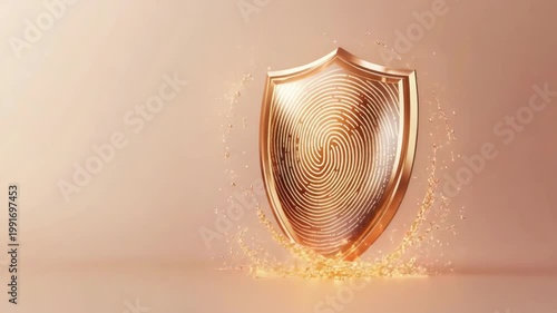 Shining gold shield with fingerprint for personal data protect. Cyber security concept for personal information security technology, identity verification and authorization system.