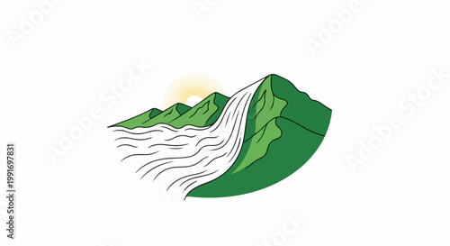 Stylized green mountains with a cascading waterfall and sunbeams