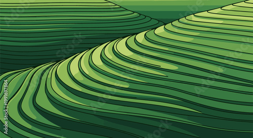 Stylized green terraced fields create a flowing, abstract landscape pattern