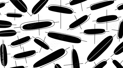 Skewered sausage silhouettes scattered across white background, no seamless