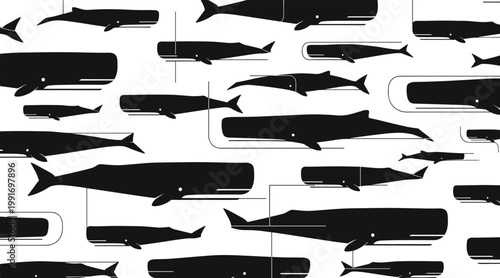 Whale silhouettes swimming across seamless white pattern field, no seamless