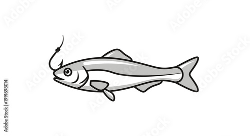 Monochrome Illustration of a Fish with a Fishing Hook, Isolated.