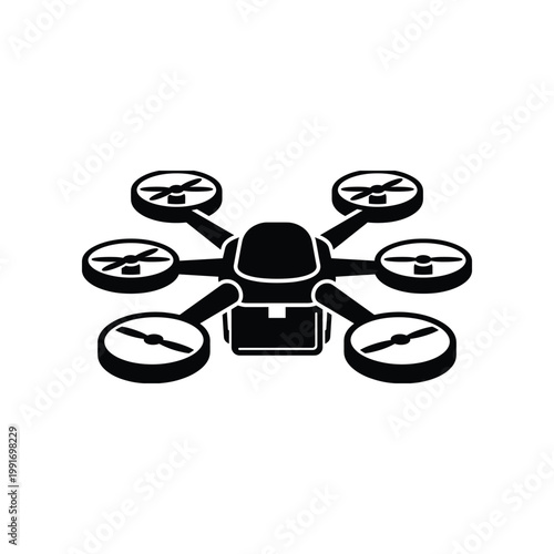 Black silhouette of a hexacopter drone with a package attached, isolated on white background