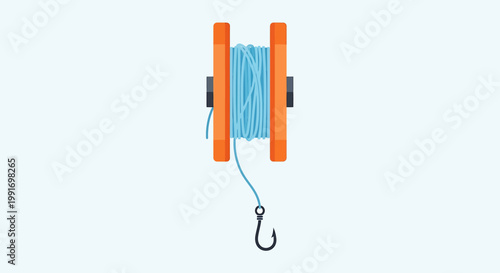 Orange and Blue Fishing Reel with Hook Isolated on White.