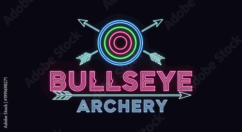 Neon Bullseye Archery Sign with Crossed Arrows and Target.