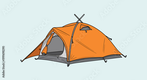 Orange camping tent illustration isolated on a light blue background.