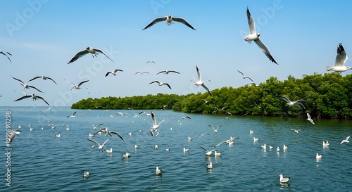 Flock of seagulls flying and resting on the water near green mangrove forests under a clear blue sky.