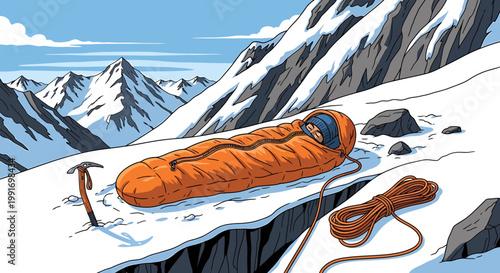 Orange Sleeping Bag on Snowy Mountain Slope with Ice Axe and Rope.