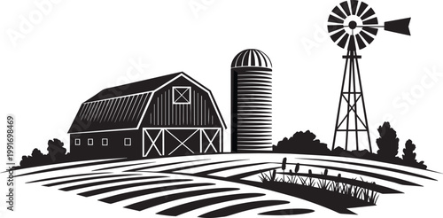 Farm landscape with barn silo and windmill over plowed fields in monochrome woodcut style