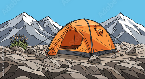 Orange Tent on Rocky Ground.