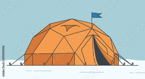 Orange Tent with Blue Flag in Snowy Landscape Illustration.