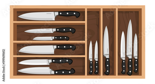 Organized Kitchen Knives Displayed Neatly in Wooden Drawer.