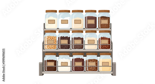 Organized Spice Rack with Assorted Spices in Glass Jars.