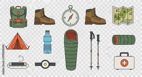 Outdoor Camping and Hiking Gear Collection Icons.