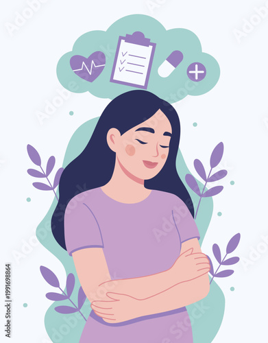 Mental Health Day. Vector illustration of a calm woman gently hugging herself, symbolizing mindfulness, self-love, and self-care. The heart and brain represent harmony. Prevention, awareness, medicine