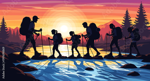 People Hiking in a Group Formation.