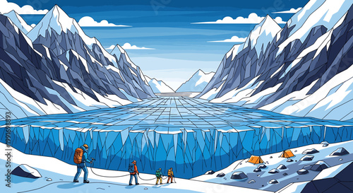 People Hiking with Dogs in Snow.