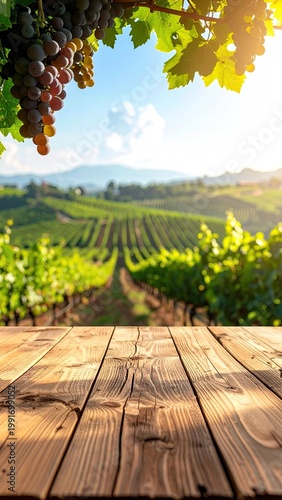 Vineyard with table in focus, grapes, sunlight