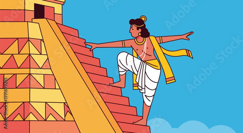 An Indian man dressed in traditional clothing climbing a stone pyramid temple.