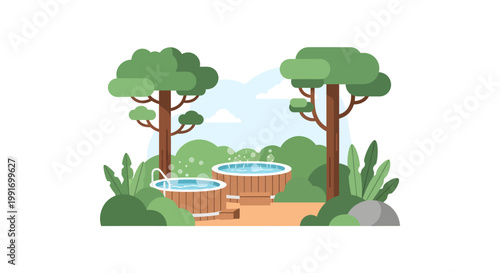 Illustration of two wooden hot tubs in a forest clearing