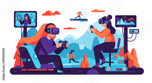 People wearing VR headsets and playing video games together