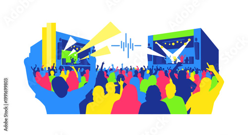 colorful crowd at a music festival with speakers