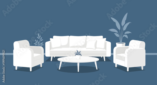 Modern living room interior with white furniture and blue background