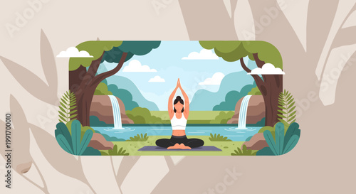 Serene cartoon monk meditating by peaceful waterfall in nature