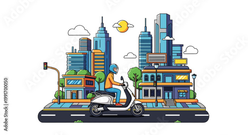 Cityscape with scooter and buildings in modern style
