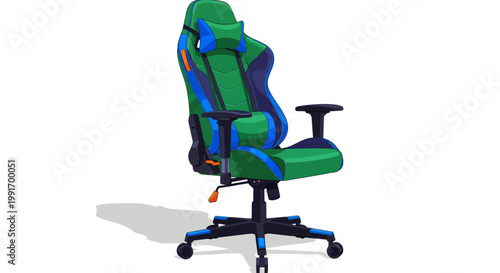 Green office chair with blue accents and black frame