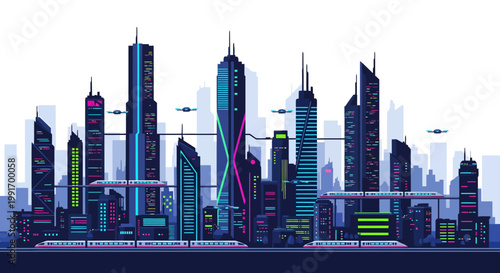 Vibrant cityscape with modern skyscrapers and neon lights