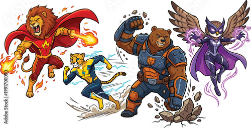 Animal Superhero Mascot Characters Illustration Set Featuring Lion Cheetah Bear Owl Fantasy Power Action Editable Vector Cartoon Collection