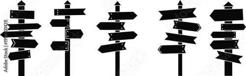 Set of black directional signs on white background for navigation  various empty pointers